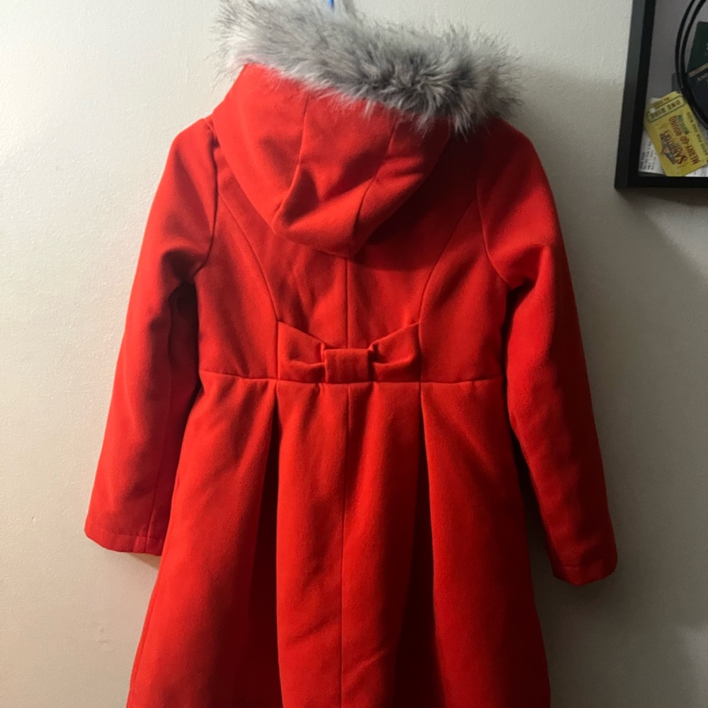 Cat & Jack Girl’s Red Pea Coat with Faux Fur Hood - Picture 2 of 4